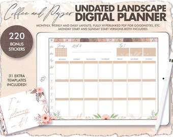 Brown Kraft Paper Digital Planner, Floral Undated Landscape (PDF)