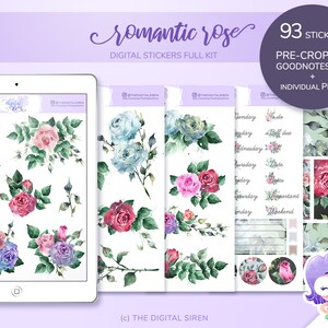 Rose stickers full kit, red flower stickers. pretty floral digital planner stickers pre cropped for goodnotes, individual PNG for Notability