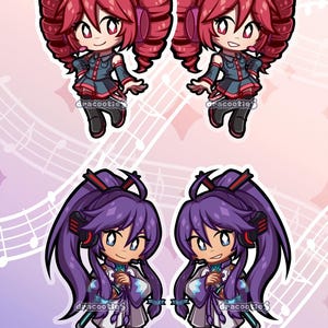 May include: Four stickers featuring anime-style characters. Two stickers depict a character with red hair and bows, wearing a blue and gray outfit. The other two stickers show a character with purple hair and a white and purple outfit.