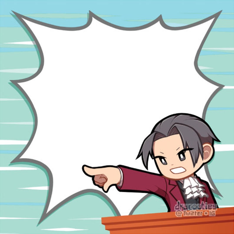 May include: A cartoon character with dark hair and a red jacket points to a large white speech bubble. The speech bubble is in the shape of a cloud with jagged edges. The background is a light blue with white stripes.