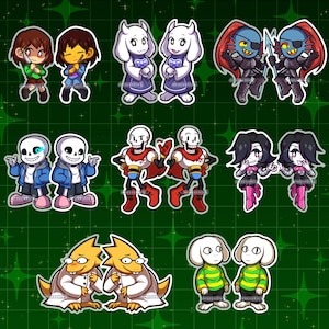 May include: A selection of cartoon character stickers in various designs and outfits. The stickers are set against a green background with star-shaped accents. The characters include monsters and human-like figures, each with unique features and expressions.