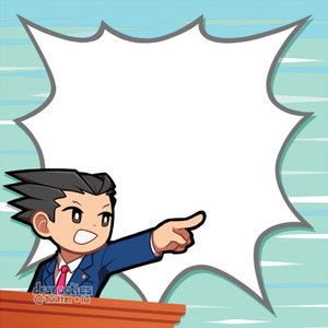 May include: A cartoon illustration of a man in a blue suit and red tie pointing to a large white speech bubble. The background is a light blue with white stripes.