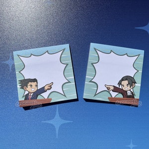 May include: Two blue and white patterned sticky notes with cartoon characters pointing to blank speech bubbles. The characters are wearing suits and have different hair colors.