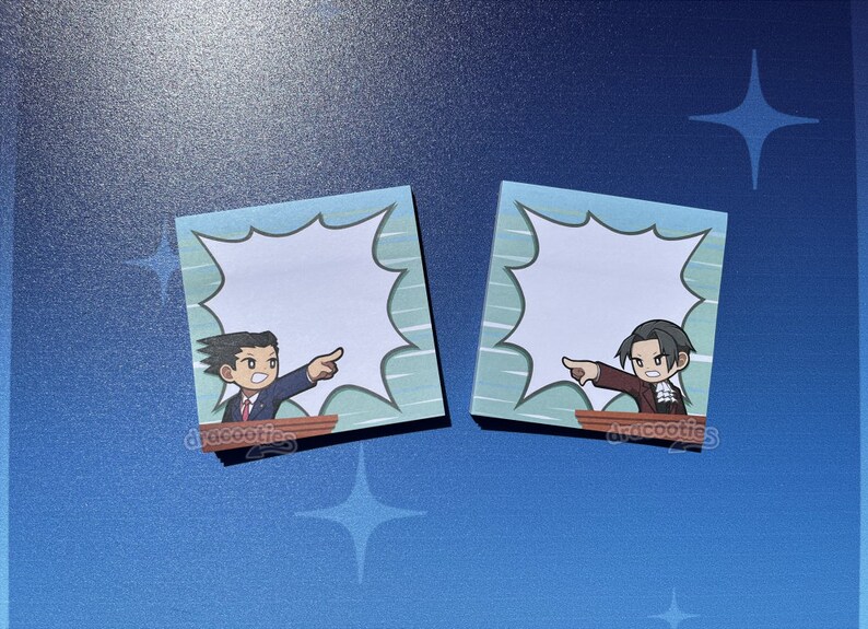 May include: Two blue and white patterned sticky notes with cartoon characters pointing to blank speech bubbles. The characters are wearing suits and have different hair colors.