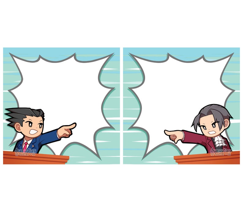 May include: Two cartoon characters, one with blue hair and a blue suit, the other with brown hair and a red suit, are pointing at each other with speech bubbles above their heads.