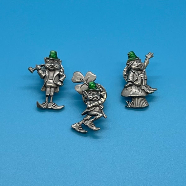 Vintage 1980's JJ Jonette Artifacts Leprechaun Pewter Pins (Set of 3)