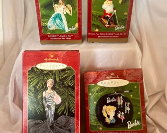 Assorted Barbie Hallmark Keepsake Ornaments 1999-2000 (40th Anniversary, 1962 Hatbox, Angel of Joy, Winter Fun with Barbie and Kelly)