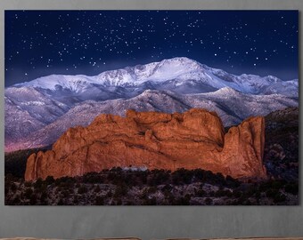Garden of the Gods Starry Night Photo - Pikes Peak Winter Wall Art - Colorado Springs Nightscape Photograph