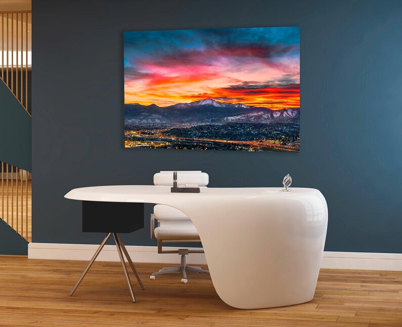 Pikes Peak Sunset Photo - Colorado Springs Cityscape Photo - Colorado Wall Art - Fine Art Photography Prints by Daniel Forster office lobby mockup