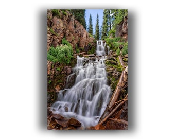 Puede incluir: Una cascada se precipita sobre rocas cubiertas de musgo en un entorno boscoso exuberante. El agua es clara y blanca, y las rocas son marrones y verdes. Los árboles son altos y verdes, y el cielo es azul.