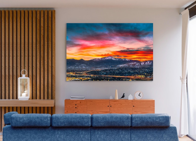 Pikes Peak Sunset Photo - Colorado Springs Cityscape Photo - Colorado Wall Art - Fine Art Photography Prints by Daniel Forster mockup in living room