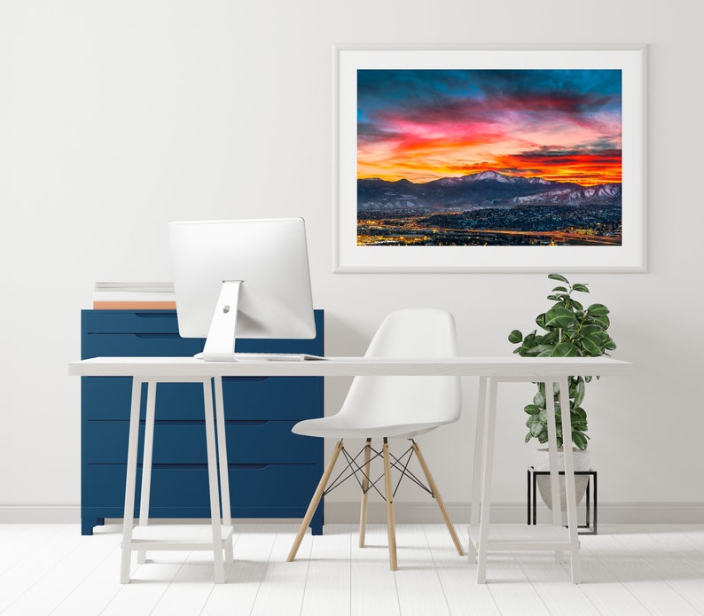 Pikes Peak Sunset Photo - Colorado Springs Cityscape Photo - Colorado Wall Art - Fine Art Photography Prints by Daniel Forster office mockup on wall
