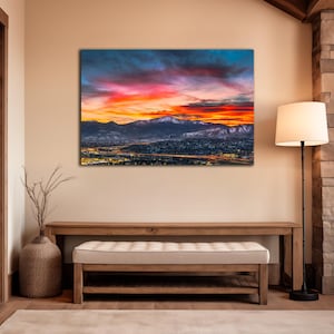 Pikes Peak Sunset Photo - Colorado Springs Cityscape Photo - Colorado Wall Art - Fine Art Photography Prints by Daniel Forster mockup in foyer