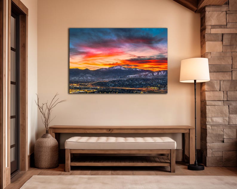 Pikes Peak Sunset Photo - Colorado Springs Cityscape Photo - Colorado Wall Art - Fine Art Photography Prints by Daniel Forster mockup in foyer