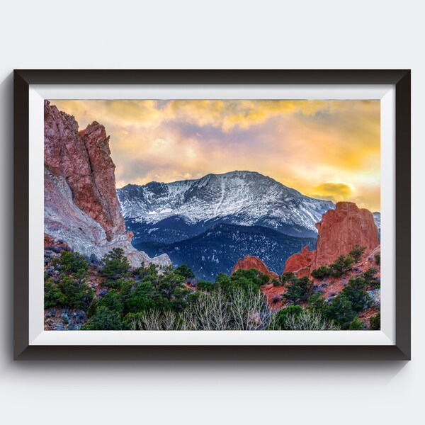 Garden of the Gods Park and Pikes Peak Sunset Photo, Landscape Photography Print, Beautiful Scenic Photo, Colorado Springs Fine Art Print