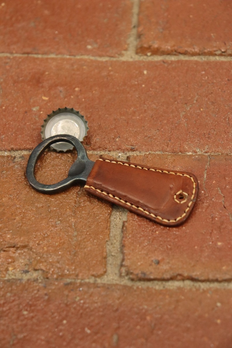 Handmade Steel Bottle Opener Key Chain Leather Bottle Opener Leather-wrapped Forged Bottle Opener