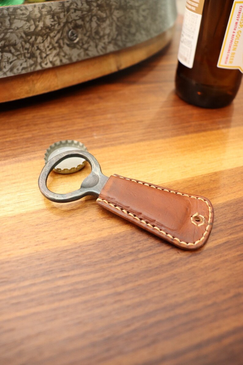 Handmade Steel Bottle Opener Key Chain Leather Bottle Opener Leather-wrapped Forged Bottle Opener