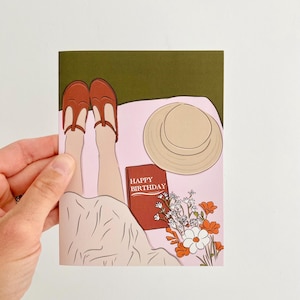 Carte d'anniversaire dessinée à la main - Carte de voeux pour fête d'anniversaire avec scène de jardin de fille de cottage