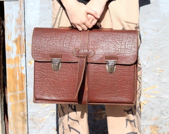 Vintage Brown Top Handle Briefcase, Leather Business or School Bag