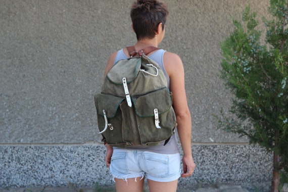 Vintage Green Canvas Military Backpack, Hiking Bac