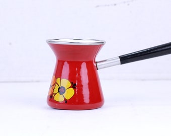 Cafetière turque vintage en émail : cafetière primitif floral rouge
