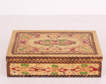 Vintage Wooden Box with Hand Carved and Painting Ornate, Jewelry/ Trinket Box