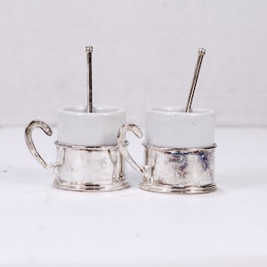 Vintage Porcelain Tea Cups with Metal Holders & Spoons - Set of 2