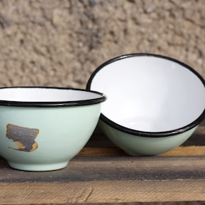 Vintage Set of Tow Enamel Bowls, Green and White Enamelware Bowls