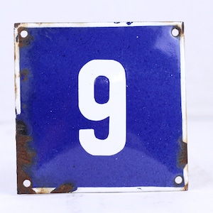 Vintage blue and white enamel house number, House door sign 9, Lucky number navy blue plate, Enamel metal plate, Collectible number 9