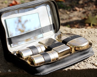 Vintage Travel Toilette Kit with Case, Shaving Kit, Faux Leather Bag, Barber Shop Accessories