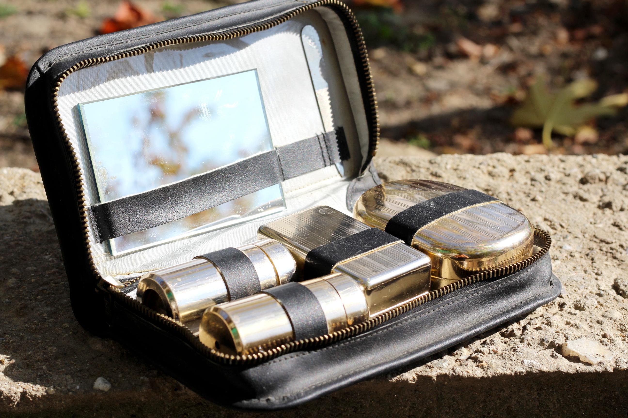 Vintage Travel Toilette Kit with Case, Shaving Kit, Faux Leather Bag, Barber Shop Accessories