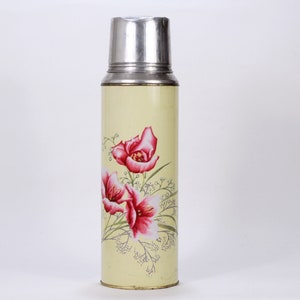 Vintage Floral Thermoskanne: Gelbe Metall Kaffee Flasche mit Tasse