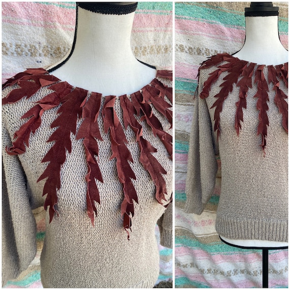 70’s Vintage Batwing Sweater with Leather Leaves … - image 1