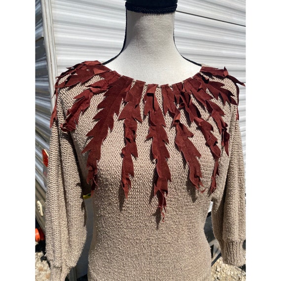 70’s Vintage Batwing Sweater with Leather Leaves … - image 4