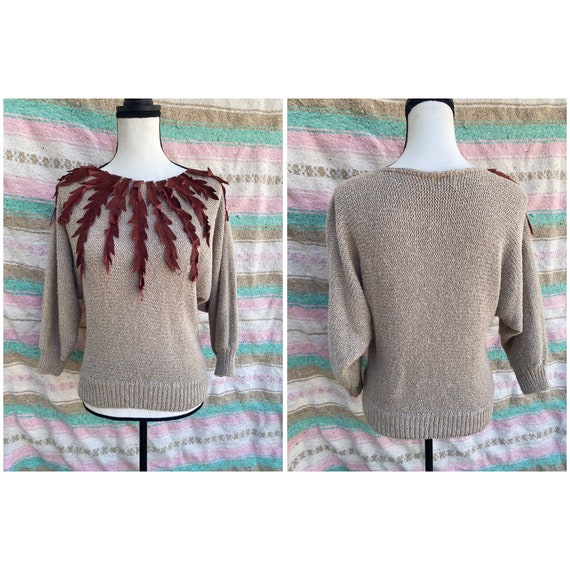 70’s Vintage Batwing Sweater with Leather Leaves … - image 8