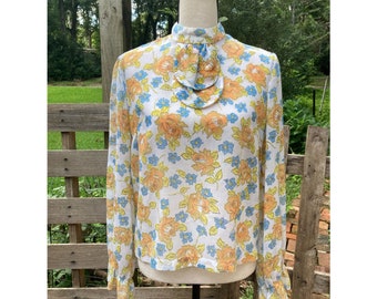 Blusa de secretaria floral de los años 60 - Top vintage con lazada, talla pequeña/mediana