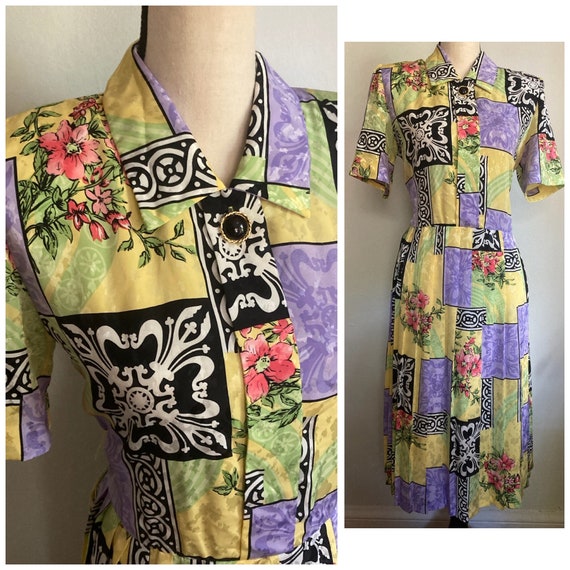 80's Vintage Shirtdress | Mixed Pattern, Flowy Pl… - image 1