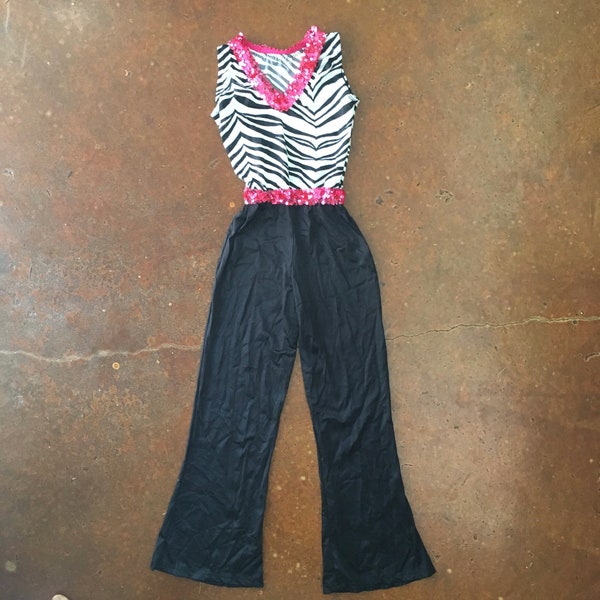 Leo’s Dancewear Kid’s Dance Costume - Pink Sequins, Zebra Stripe, Jumpsuit - Size MC (8 -10 y/o) Performance, Outfit, Children’s, Girl’s