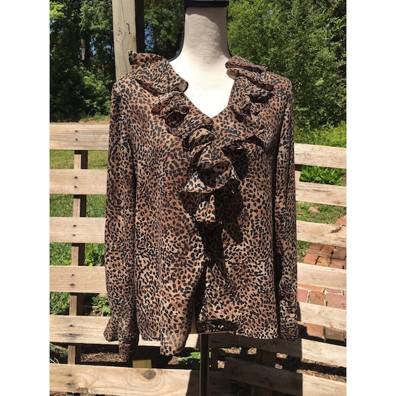 90’s Vintage Leopard Print Ruffle Collar Blouse -… - image 1