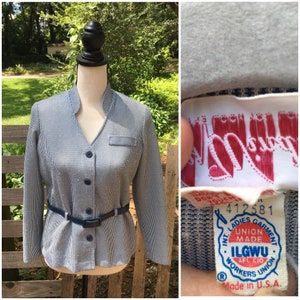 60’s Vintage Hickory Stripe Belted Top - Small / Medium - Long Sleeve Shirt, Shacket, Navy Blue & White, Union Made, Blouse, Matching Belt