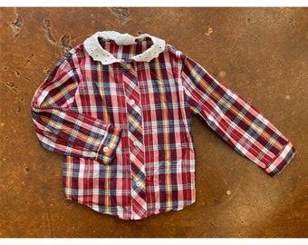 60's Vintage Kid's Clothes - Girl's Red Plaid Long Sleeve Shirt with Lace Collar - Size 4, Children's, Baby Shower Gift, 60s Western Cowgirl
