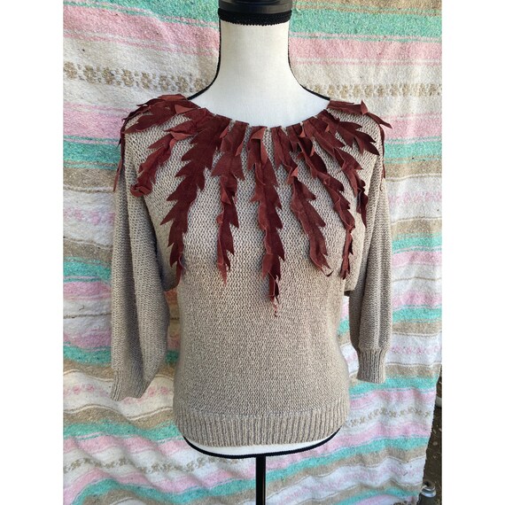 70’s Vintage Batwing Sweater with Leather Leaves … - image 3