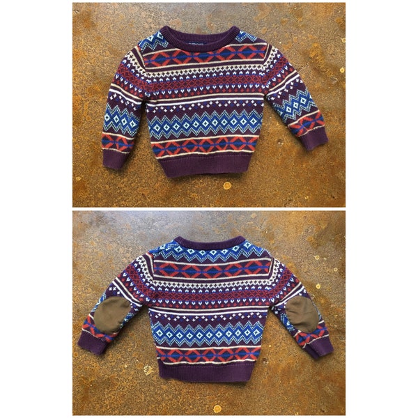 Adorable Kid’s Fair Isle Sweater with Elbow Patches - 12M - Boys, Girls, Fall, Winter, Cotton, Tiny Professor Sweater, Pullover