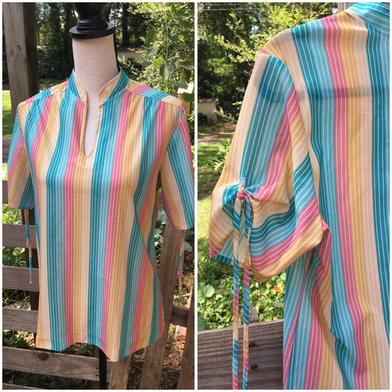 70’s Vintage Rainbow Stripe Blouse - Small / Medi… - image 3
