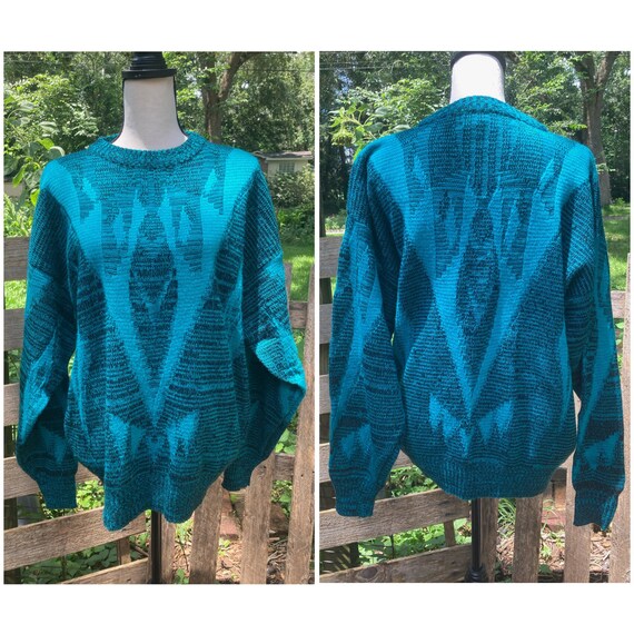 80’s Vintage Teal Pullover Sweater - Size XL - Co… - image 4