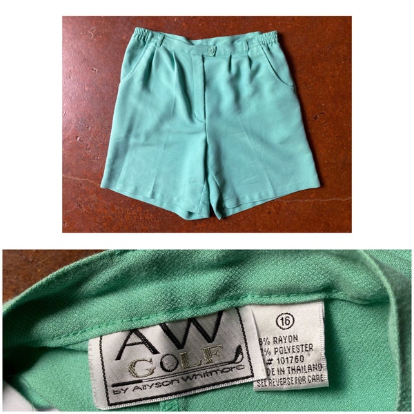 80’s Vintage Plus Size Seafoam Green Golf Shorts - Size 16 - High Waisted, Pleated, Mint Green, Pastel, Retro Resort Wear, Sporty, Preppy