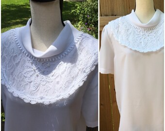80s Vintage White Blouse - Lace Ruffle Collar, Puff Sleeves (M/L)