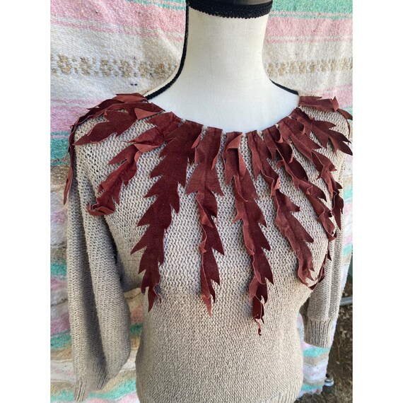 70’s Vintage Batwing Sweater with Leather Leaves … - image 7