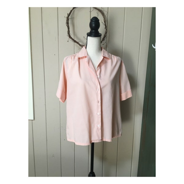 80’s Vintage Light Peach Art Deco Top - Large - Short Sleeve, Miami Beach Vibes, Pink, Grandma Core, Thin, Soft, Shirt, Blouse, Pastel