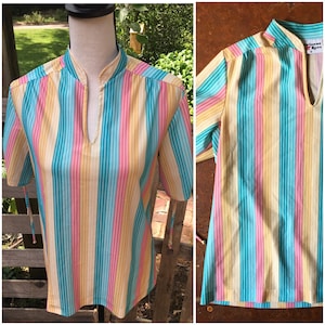 70’s Vintage Rainbow Stripe Blouse - Small / Medium - Roller Girl Vibes, Pastel, Retro, Short Sleeve, Tie Sleeve, Rare, Striped, Top, Shirt
